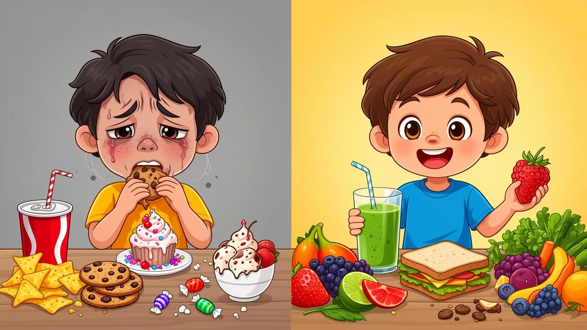 De verandering: een verdrietig kind met junkfood tegenover een blij kind met gezonde snacks
